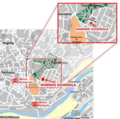 Mapa de accesos a Hornos Gojenola, desde las paradas del Metro en Basarrate y Bolueta, en direccion al parque Europa, detrás del Polideportivo de Txurdinaga, accesos por la carretera de Galdakano y por la Avenida Zumalakarregui dirección Txurdinaga